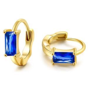 14K Yellow Gold with Blue Sapphire Cubic Zirconia Baguette Cut Huggie Earrings